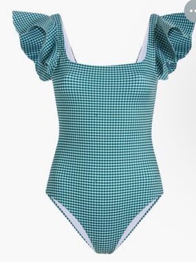NWT Hill House Rosie Woman’s XL Green Gingham Ruffle-Sleeve One-Piece Swimsuit